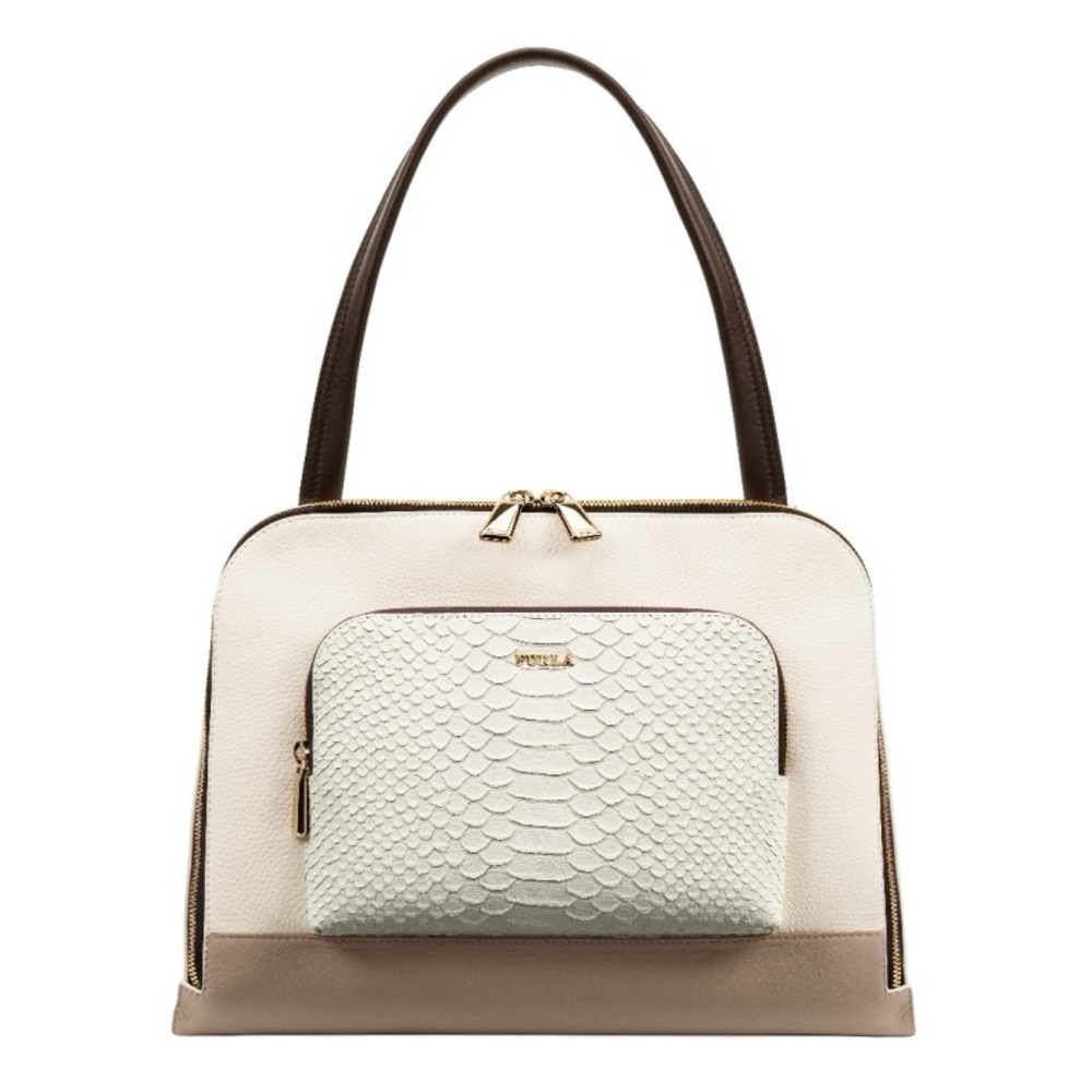 Furla Cream and Brown Shoulder Bag with Snakeskin Pattern